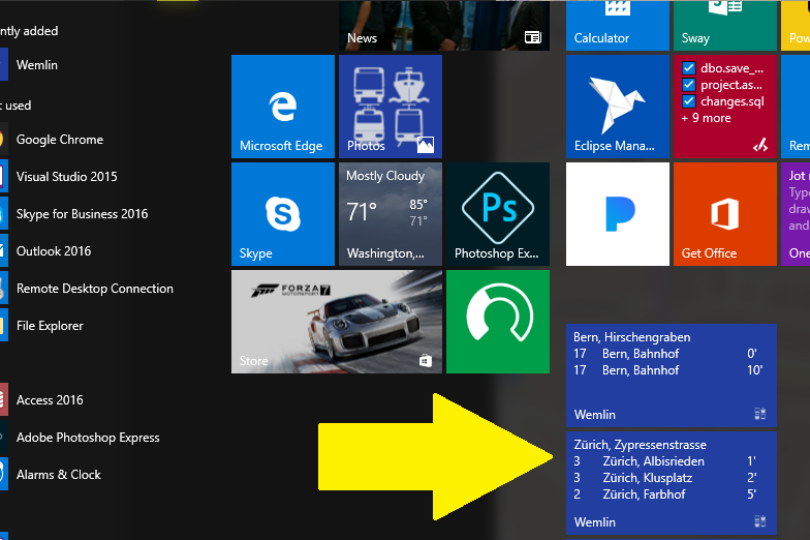 Bereits in der Start Menü Ansicht werden die nächsten Abfahrten der persönlichen Haltestellen Favoriten angezeigt.